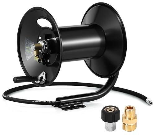 M MINGLE Pressure Washer Hose Reel 200ft, Heavy Duty Steel Hose Reel, Manual Crank Power Washer Reel with Swivel Arm, 3/8 NPT Outlet Pipe, 4000 PSI