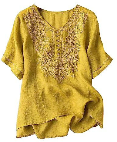 Donna Camicetta in Lino Cotone Primavera Scollo a V Elegante Oversize Maglietta Casual Comodo Estive Leggero Blusa Manica Corta Lavoro Moda Camicia in Lino Classica Traspirante Vintage Camicetta