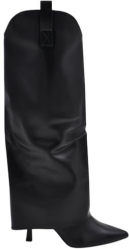 Stivali Donna al Ginocchio Shark a Punta in Pelle Nero con Risvolto Scollo a V Tacco a Spillo 10 Zip Interna Nascosta (39 EU)