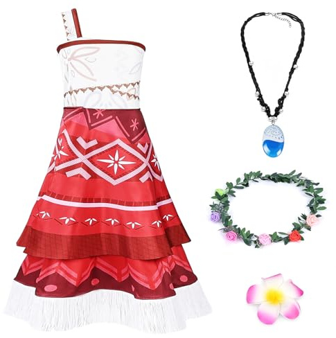 AUYAO Barn, prinsessa, flicka, kostym, 4 delar, Vaiana, sommarklänning, utklädnad med tillbehör, blomkrona, halsband, blomklipp, flickor, prinsessa, kostym, utklädnad, karneval, halloween, födelsedag