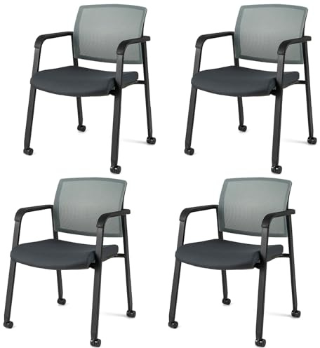 COSTWAY Set of 2/4/6 Stackable Reception Chairs, Upholstered Mesh Office Chair Meeting Conference Armchair, Computer Desk Seat Guest Visitors Chairs for Home Office (4PCS with Wheels, Grey)