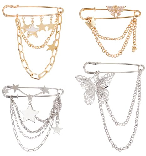 SUPERFINDINGS 4 Styles Decorative Safety Pins Punk Collar Brooches Pin Pant Waist Tightener Safety Pin with Hanging Chains Alloy Star Butterfly Brooch for Bag Scraf Shawl