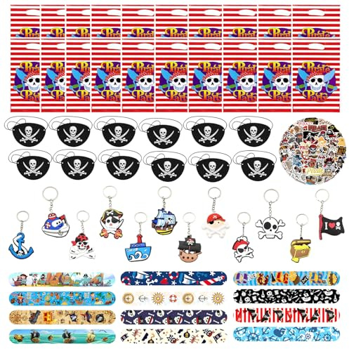 Yhjxly 106 PCS Regalos Piñata Cumpleaños Pirata Niño, Piraten Kindergeburtstag Set,Temporales Niños Llaveros Regalitos Cumpleaños Invitados Niños Pack Regalos Juguetes Piñata