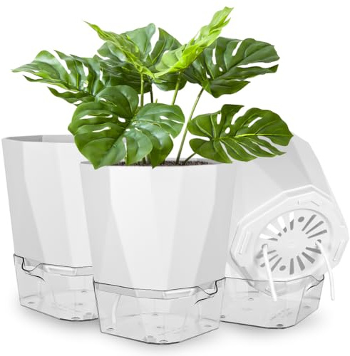 NUTKIT 3 Piezas Maceta de Riego Automático, 18CM Macetas de Plástico para Plantas de Interior, Redonda, con Orificios de Drenaje y Bandeja, Maceta de Agua Autorriego para Interiores, Blanco/M