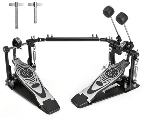 Double Bass Drum Pedal, Heavy Duty Kick Drum Pedal with Double Chain Drive, Adjustable Spring Tension, Non-Slip Metal Base, Smooth and Responsive Single Drum Pedal for Acoustic and Electronic Drums