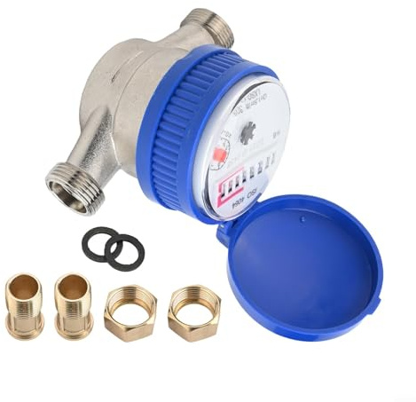 Contatore per acqua fredda a flusso singolo, 1/2, per giardino e casa, con adattatori filettati, colore: blu e grigio