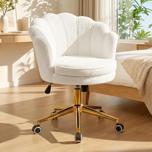 Hellove Chaise de Bureau, Chaise Coiffeuse avec Pétale/Coquille Dossier, Fauteuil Coquillage Moderne avec Base Métallique Dorée, Fauteuil Coiffeuse pour Salon, Bureau, Chambre, Blanc Sherpa