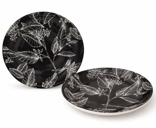 Cecaro Group – Servizio Tavola in Porcellana 12 Pezzi Fantasia Peonia Floreale Adatti a Microonde e LavastoviglieEleganza Botanica per la Tua Tavola | Piatti Piani 23 cm e Piatti Fondi 22 cm (Nero)