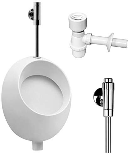 VBChome Urinal Keramik Zulauf Oben Weiß Modern Hochwertig Pinkelbecken senkrecht Pissoir Pico + Spülventil Urinalspüler Druckspüler Schellomat Basic + Siphon Flaschensiphon