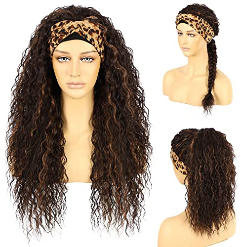 SOMIARIK Headband Wigs for Black Women Natural Hairline Synthetic Brown Loose Curly None Lace Front Wigs for Black Women Glueless Machine Made Wig Wavy pre plucked 26 Inch