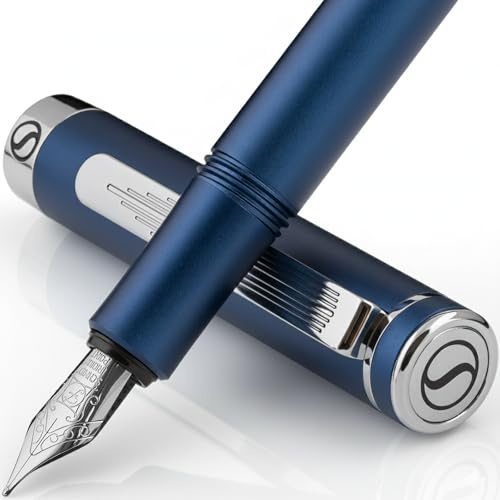 Scriveiner Luxus EDC Füllfederhalter (Fein), Mattblau Taschenfüller, verchromt, deutsche Schmidt Mine, Konverter, Schreibgeräte-Geschenkset für Mann und Frau, schicker Designerstift fürs Büro