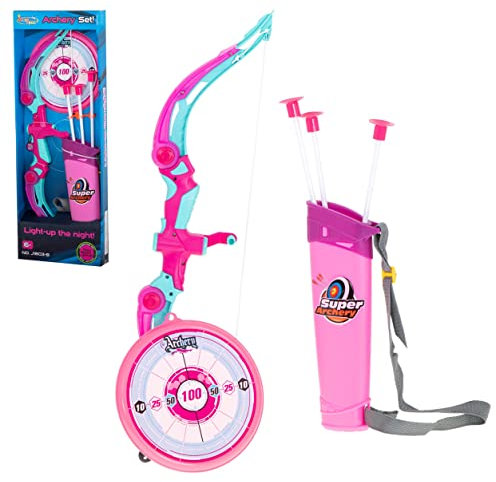GB ONE Pfeil und Bogen Set mit Pinker LED Beleuchtung | Kinder Bogenschießen Spielzeug für Indianer & Krieger | Zielscheibe & Köcher Zubehör | Innen und Outdoor Archery | Kinderbogen für Mädchen