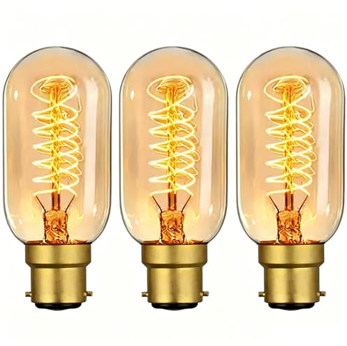 Sunnylinn 40W B22 Vintage Edison Light Bulbs Bayonet Dimmable, B22 BC Filament Vintage Bayonet Light Bulb Warm White, T45 Antique Retro Light Bulb 230V (3-Pack).