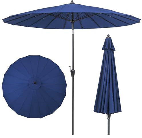 COSTWAY Parasoll 265 cm, Parasollfot ingår ej, trädgårdsparaply med vev för att öppna/stänga, böjbart på båda sidor, terrassparaply med 18 glasfiberribbor och aluminiumstång (marinblå)