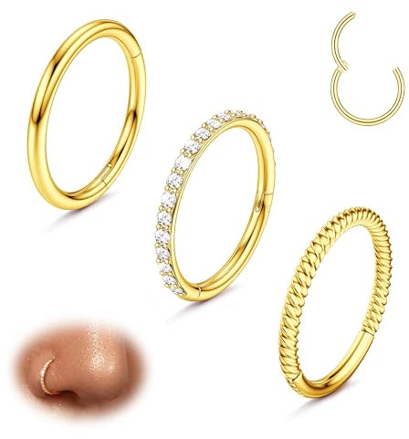 Diamday 3stk Nasenpiercing Ring 316L Chirurgenstahl Septum Ring Nasenring Piercing CZ Helix Conch Tragus Daith Piercing Ohr Gold 16G 18G Clicker Lippenring Knorpelohrring Hoop Silber 8mm 10mm
