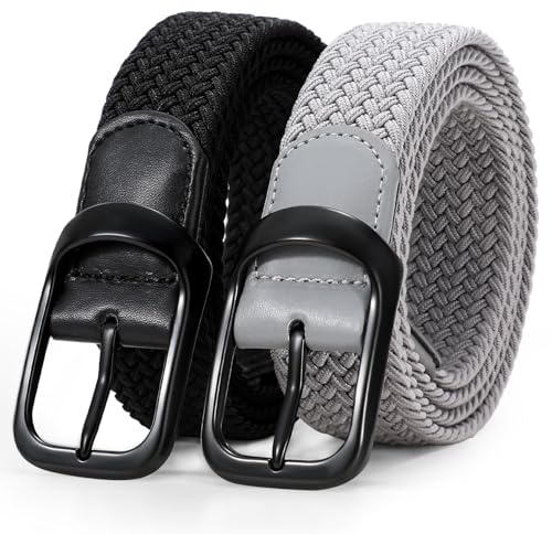 WERFORU 2 Pack Stretch Woven Belts Men's Elastic Braided Belt 1 3/8 Casual Golf Belt for Jeans Pants
