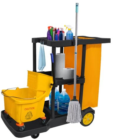 Carro de limpieza con 3 compartimentos, carrito de limpieza profesional con bolsa de basura, 113 x 56 x 93 cm, carrito de limpieza con 4 ruedas, gran capacidad, bolsa de basura de 65 L, color amarillo