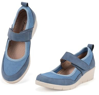 JOMIX Mocassins Femmes Compenseés avec Scratch Respirant Chaussure de Marche à Talon Décontracté pour Femme (Bleu, 40)