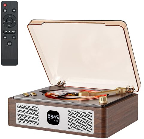 CARONSORT Retro CD-spelare kan rippa till USB, nostalgisk Bluetooth CD-spelare för hem, inbyggda högtalare med LCD-skärm, stöder koaxial/3,5 mm/FM-radio med fjärrkontroll – trådbunden valnötsbrun