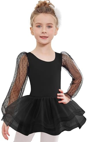 Arshiner Ballet Costume da Bambina, Abito da Balletto a Maniche Lunghe per Bambine, Body da Danza Classica tutù, Body da Danza Classica con tutù a 3 Strati, Nero 140 5-6 Anni