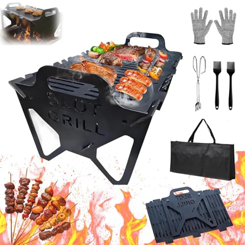 Slot Grill Portable BBQ, Collapsible BBQ Grills for Easy Storage Steel, Foldable Barbecue Tabletop Rack, Tool-Free Setup, Lightweight for Camping, Tailgating, Travel, Outdoor Cooking (High 25cm)