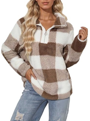 Gefomuofe Jersey para mujer con forro, camisa de leñador, a cuadros, media cremallera, forro polar, cuello alto, jersey de invierno, clásico jersey de felpa, chaqueta de entretiempo, Blanco, L