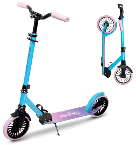 Nattork Kick Scooter for Teens Adults, Max Load 240 LBS, Adjustable Height Foldable with 8 Large Wheels, Anti-Shock Suspension Blue