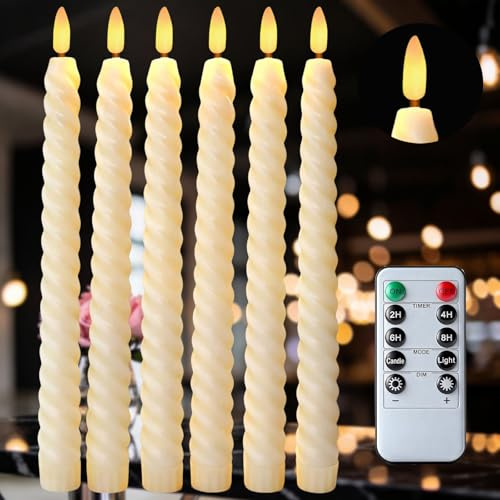 Lot de 6 bougies LED avec fonction minuterie - LED vacillantes - En cire véritable - Avec télécommande - Ivoire - Fonctionne avec piles - Pour Halloween, Noël, mariage, fête et décoration de chambre