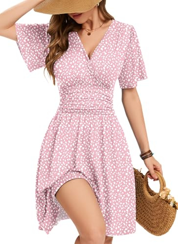 WNEEDU Womens Summer Dresses Wrap Waist V Neck Elegant, Pink, M