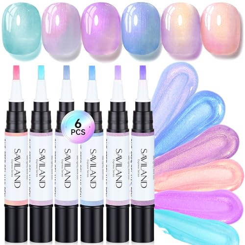 SAVILAND 6 Colori Penna per Smalto per Unghie: Penna per Smalto Gel In Un Solo Passaggio 3 in 1 Base Color Gel Top Gel Rinforzo in Una Penna Polarizzato per Donne Principianti Fai Da Te