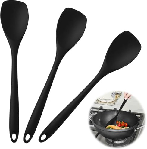 3PCS Kochlöffel Silikon Schwarz 27,5 cm, hitzebeständig bis 210 °C, kratzfrei für Antihaftpfannen, ergonomische Küchenhelfer für Alltag, Hobbyköche und Familienküche