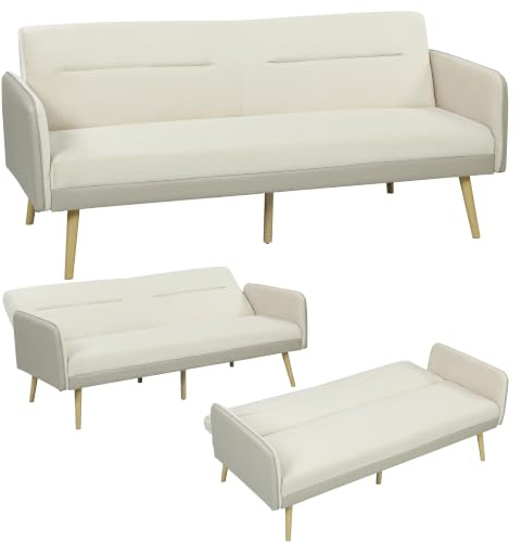 HOMCOM Divano Letto 3 Posti Convertibile Clic Clac 185x84x83 cm Beige | Braccioli in PU, Divanetto Reclinabile Trasformabile in Velluto, Gambe in Metallo, Struttura in Legno, Salotto Camera