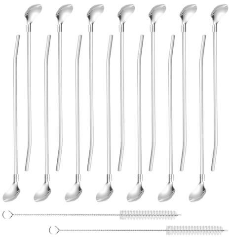 14 Piezas Pajitas con Cuchara de Acero Inoxidable, Cuchara de Paja