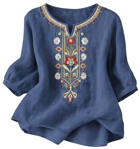 Genérico Camisas Mujer Primavera Manga 3/4 Algodón Lino Cuello V Bordado Étnico Blusa Transpirable Verano Oficina Suelta Casual Elegante Original Tops Fiesta Boho