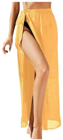 NJIEzhao Lång bikini omlottkjol lindad maxikjol av strukturerad bomull för kvinnor, hög slits, midjeband, strandtäckning, genomskinlig, flytande sarong