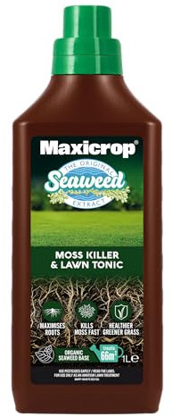 Maxicrop 86600258 Moss Killer & Lawn Tonic, 1L - Fast Acting 2-in-1 Moss Killer and Lawn Re-Growth Tonic - with Natural Seaweed Extract - Improves Lawn Health and Strong Rooting - Garden Care
