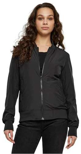 URBAN CLASSICS Women's Light Bomber Jacket with Ribbed Cuffs, Lightweight Flight Jacket for Mid-Season Weather, Longsleeve Jacket with Zipper & Pockets, Colour: Black, Size: Medium