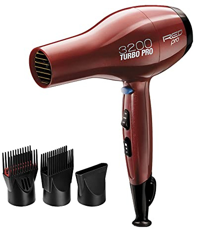 RED PRO 3200 Turbo Pro Detangler AC Hair Dryer, 3 Heat/2 Speed Settings, Cool Shot Button, Powerful Airflow, 3 Additional Styling Attachments with Detangling Pik