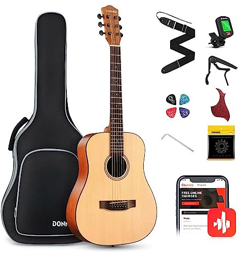 Donner Gitarre Akustik 3/4 für Anfänger Einsteiger Akustikgitarre Set Gitarren Erwachsene 36 Zoll Dreadnought mit 6 Tasche Capo Plektren Gurt(Natur)