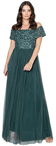 Maya Deluxe Vestido Bardot para Mujer, Maxi Adornado, Cintura Imperio, sin Mangas, Tul para Boda, invitada, graduación Dama de Honor, Verde Esmeralda, 38