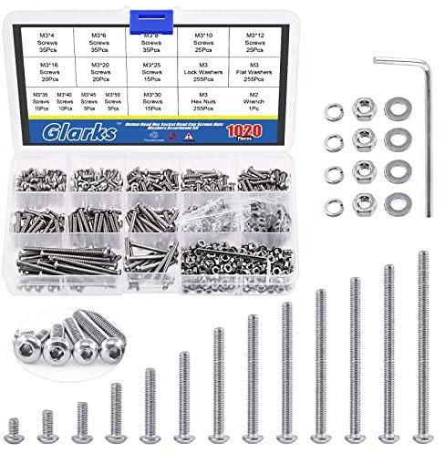 Glarks 1021 Stück M3 Halbrundschrauben, 304 Edelstahl, Innensechskantschrauben, Schrauben und Muttern, Unterlegscheiben, Sortimentskit mit Sechskantschlüssel für Maschinen, Möbel, Autoreparatur