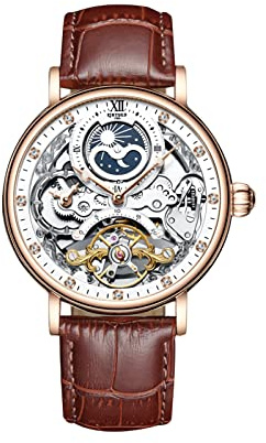 FORSINING Montre-bracelet automatique pour homme Tourbillon Phase de Lune Mode Affaires Luxe Squelette Montre Double Time à remontage automatique Bracelet en cuir, Rouge/or, Sangle