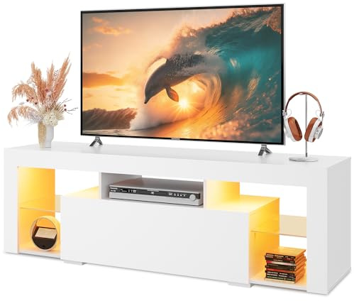 WLIVE LED TV Schrank Weiss, 147 x 37 x 43 cm, Fernsehtisch mit Schubladen für 50 55 60 Zoll Fernseher, 20 Farben RGB Fernsehschrank für Wohnzimmer Schlafzimmer, Moderne TV Bank aus Holz, Weiß