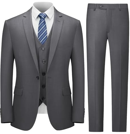 Cooper & Nelson Traje de Hombre Ajustado, Trajes de 3 Piezas para Hombre, Chaqueta sólida de un botón, Chaleco y Pantalones con Corbata, Conjunto de Esmoquin, Gris Oscuro, Large