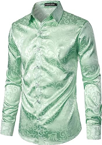 PARKLEES Camicia da uomo a maniche lunghe slim fit con stampa floreale di lusso, tessuto di raso simile alla seta, versatile da indossare per matrimoni, feste, balli, affari, casual - XL, L