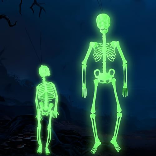 2 PCS Halloween Deko, Leuchtendes Skelett Und Schädel, Aufgehängtes Totenkopf Deko Mit Beweglichen Gelenkknochen, Gruseliges Haunted House Requisit (20+32cm)