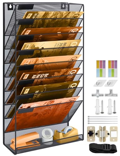 PLSOPPKG 9 Tier Hanging Wall File Holder, Metal Mesh Magazine Rack, A4 Wall Pocket File Holder, Mail Organiser Magazine Storage Rack, Wall Mounted File Organizer, Black