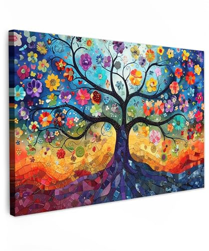 MuchoWow© Impression sur Toile Peinture 120x80 cm Tableau Mural Decoration Salon Reproductions de Tableaux Murale Moderne Art - Arbre de vie - Fleurs - Hippie