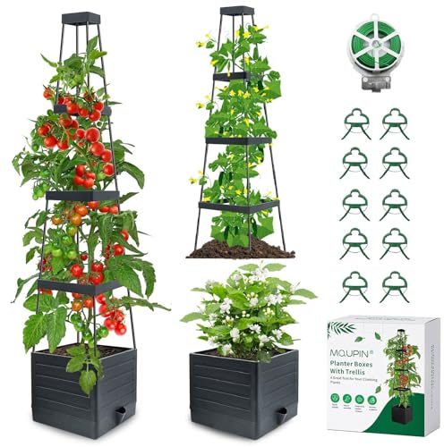 MQUPIN 2PCS Tomatoes Planter Boxes Raised Garden Bed with Trellis for Climbing Vegetables Plants, Self-Watering Planter Boxes Outdoor Adjustable Vine Support