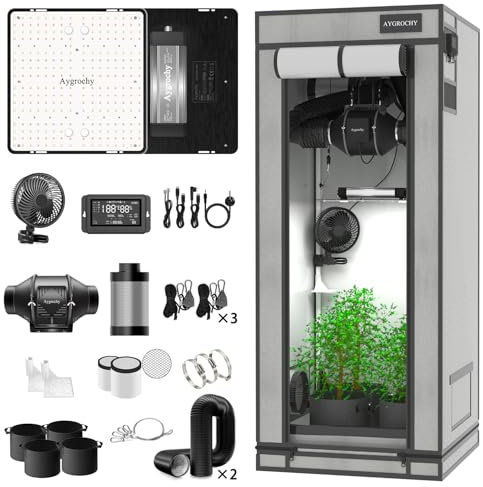 Aygrochy Set completo con controller integrato centrale. Piano di circolazione automatico di ventilazione, lampada a LED a spettro completo, 60 x 60 x 160 cm, PEVA ad alta riflettività Grow Box